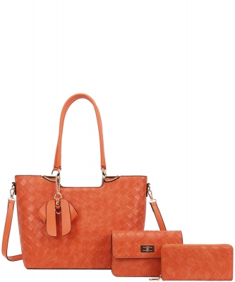 3in1 Quilt Textured Bow Satchel Crossbody and Wallet Set BZ-8093-S ORANGE
